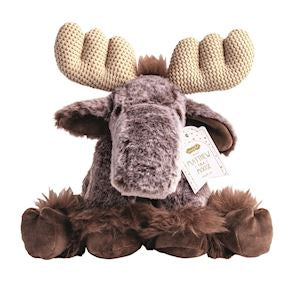 Plush moose toy with a tag on a white background
