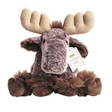 Plush moose toy with a tag on a white background