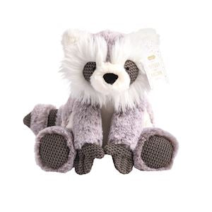 Plush toy raccoon on a white background