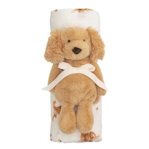 Plush dog toy with a white hat and bow on a white background