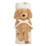 Plush dog toy with a white hat and bow on a white background