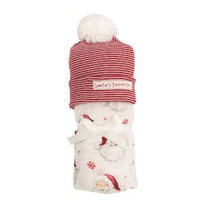 Baby swaddle with red and white striped hood and 'Santa's Workshop' text, on a white background