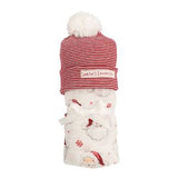 Baby swaddle with red and white striped hood and 'Santa's Workshop' text, on a white background