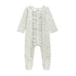 Baby onesie with a floral pattern on a white background