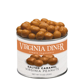 Can of Virginia Diner salted caramel Virginia peanuts on a white background