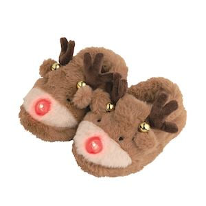 Pair of reindeer-themed slippers with red glowing eyes on a white background