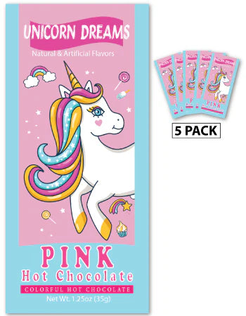 Unicorn-themed pink hot chocolate packaging with a 5-pack indication.