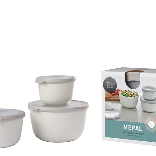 Set of white nesting bowls with a Mépal packaging box on a white background