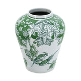 Decorative vase with green floral and bird pattern on a white background