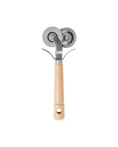 Decorative roller with wooden handle and metal wheels on a white background