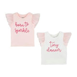 Two girls' t-shirts, one pink and one white, both with text that reads 'born to sparkle' and 'tiny dancer' respectively.