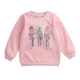 Pink sweatshirt with cartoon character design on a white background