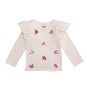 White long-sleeve shirt with colorful heart designs on a white background