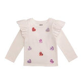 White long-sleeve shirt with colorful heart designs on a white background