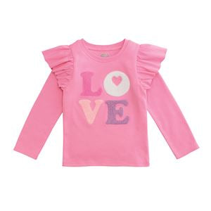 Pink long-sleeve shirt with 'LOVE' print on a white background