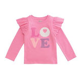 Pink long-sleeve shirt with 'LOVE' print on a white background