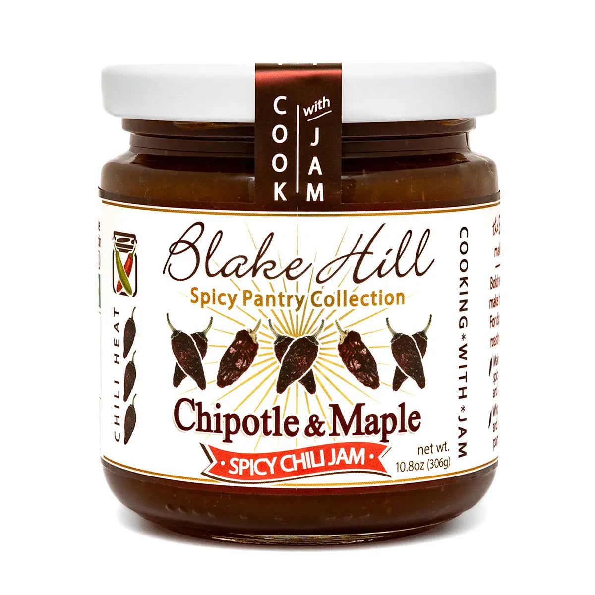 Jar of Blake Hill Spicy Chili Jam with Chipotle & Maple flavor on a white background