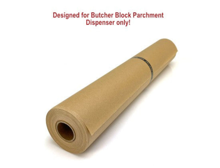 Roll of brown paper with text indicating it's designed for Butcher Block Parchment Dispenser on a white background
