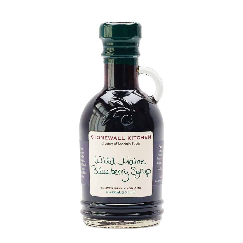 Bottle of Stonewall Kitchen Wild Maine Blueberry Syrup on a white background