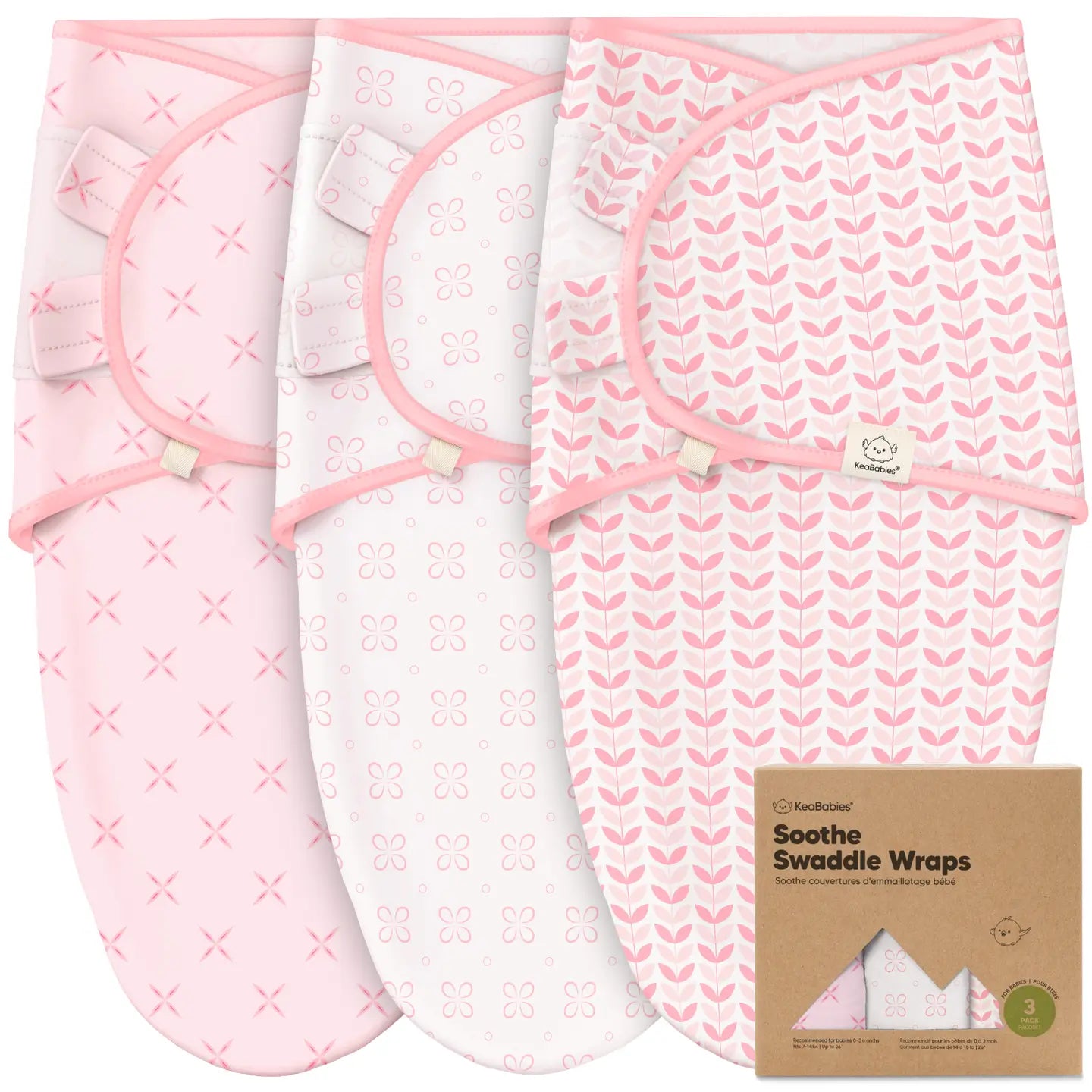Three baby swaddle wraps with pink and white patterns and a cardboard packaging box on a white background.