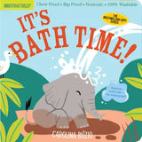 Book cover of 'It's Bath Time!' featuring an elephant in a bathtub with a bird, on a colorful background.