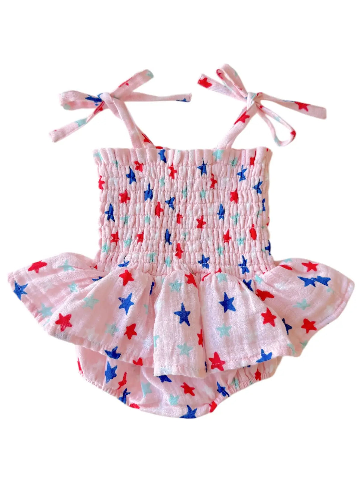 Pink baby romper with star pattern on a white background