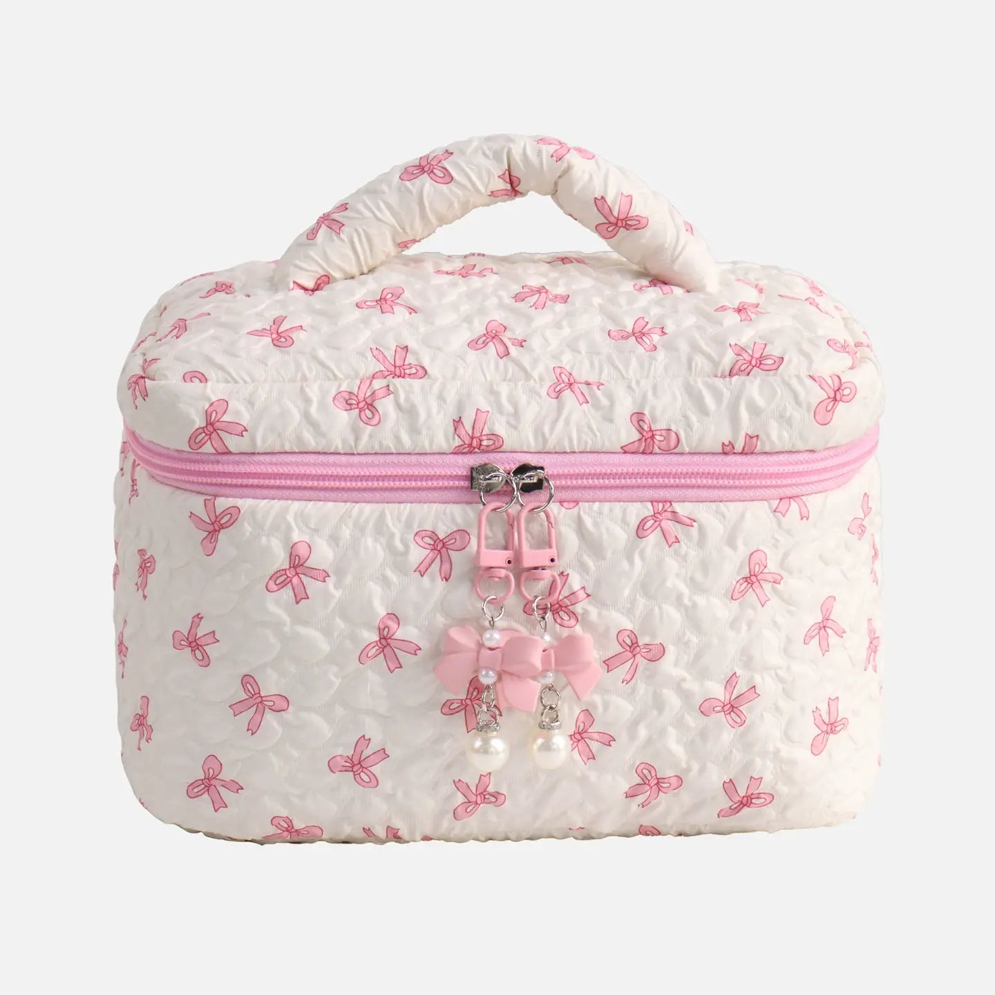 White cosmetic bag with pink bow pattern on a white background