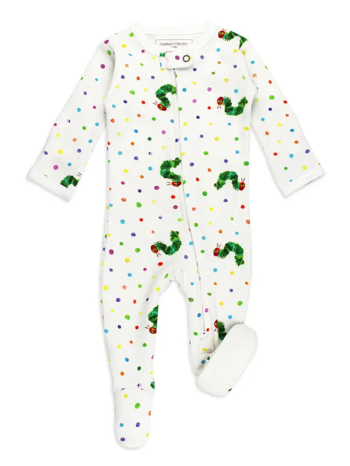 Baby onesie with colorful polka dots and caterpillar designs on a white background