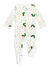 Baby onesie with colorful polka dots and caterpillar designs on a white background