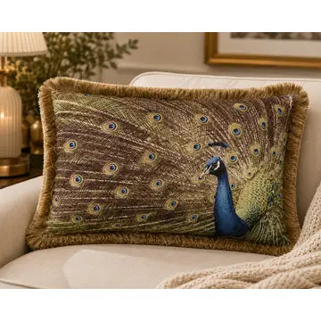 A decorative throw pillow featuring a peacock design with a brown and gold patterned background and a blue peacock figure, shown resting on a light beige sofa in a cozy living room setting.