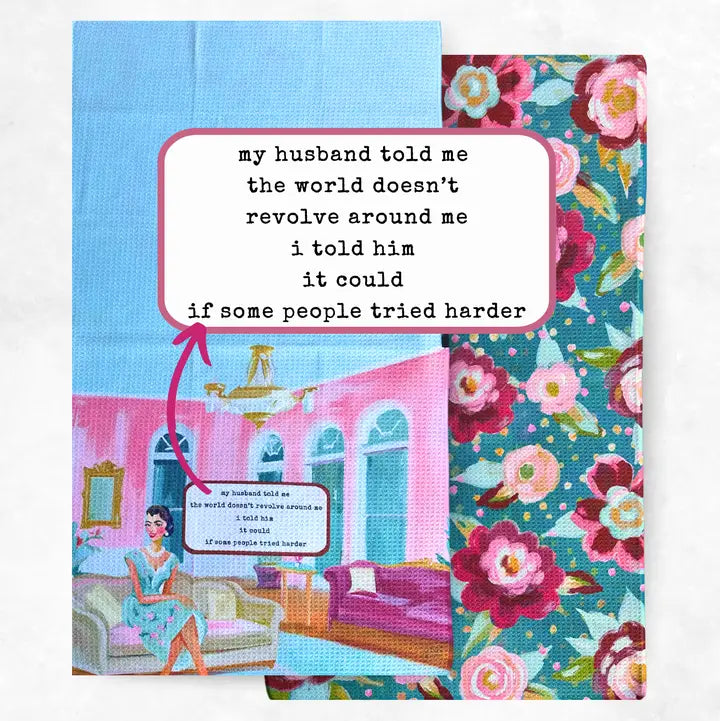 Notebook with colorful cover featuring a cartoon illustration of a woman in a living room and text.
