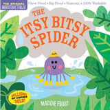 Front cover of the children's book 'The Itsy Bitsy Spider' by Maddie Frost, featuring a colorful illustration of a small purple spider in a pond surrounded by green leaves, with the title in large orange letters.
