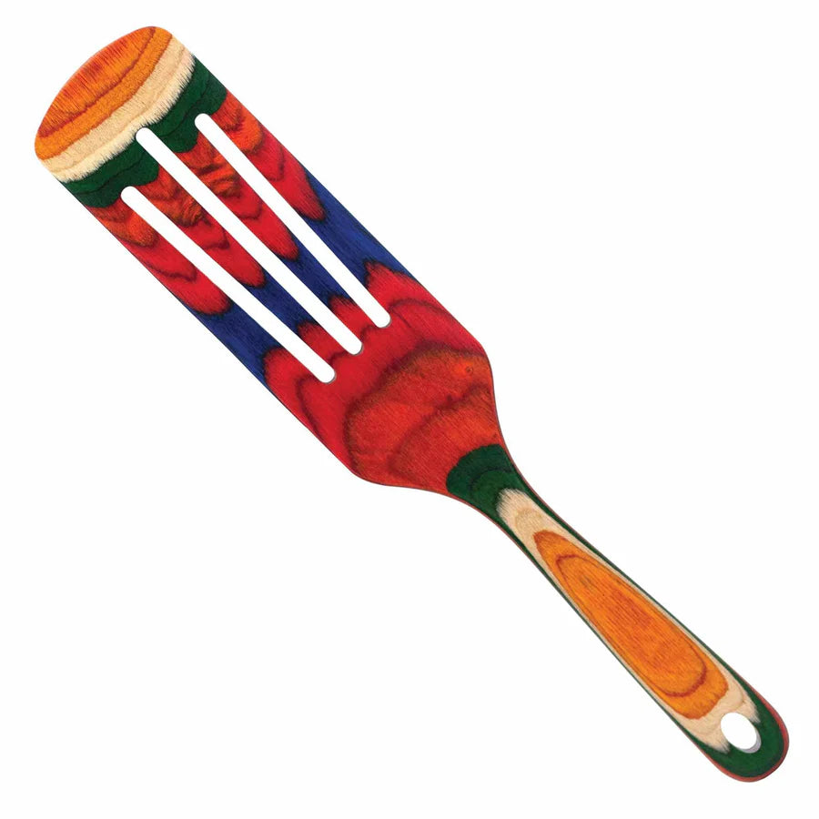 Colorful spatula with a wooden handle on a white background