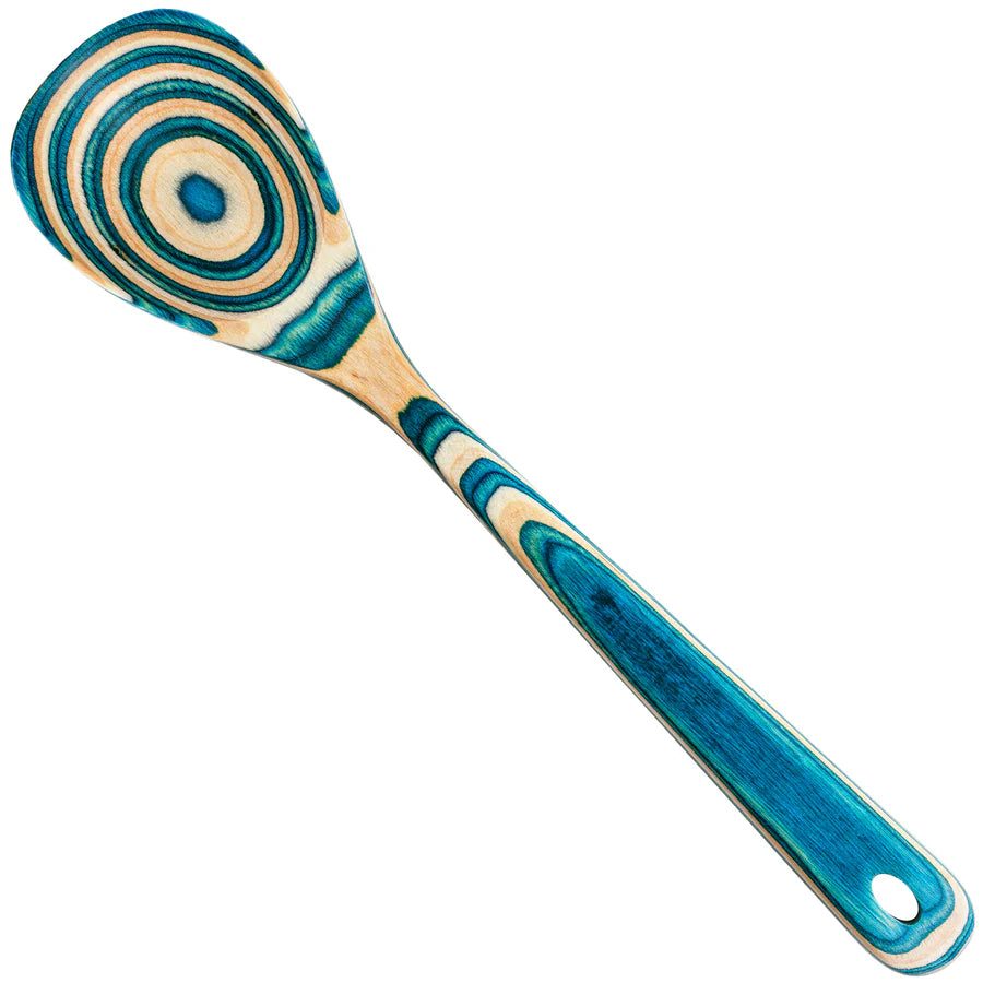 Wooden spoon with blue and green spiral pattern on a white background