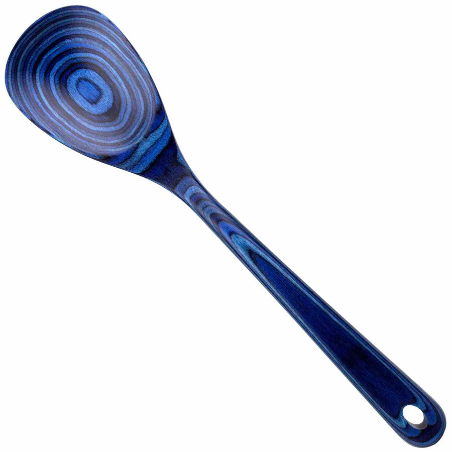 Blue spatula with a swirling pattern on a white background