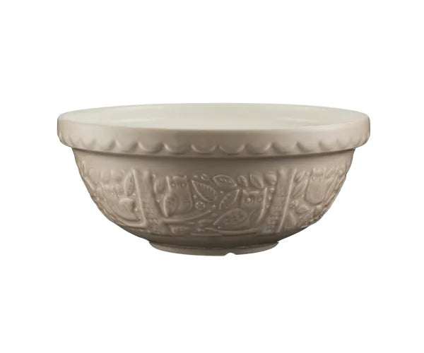 Decorative beige bowl with embossed patterns on a white background