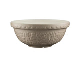 Decorative beige bowl with embossed patterns on a white background
