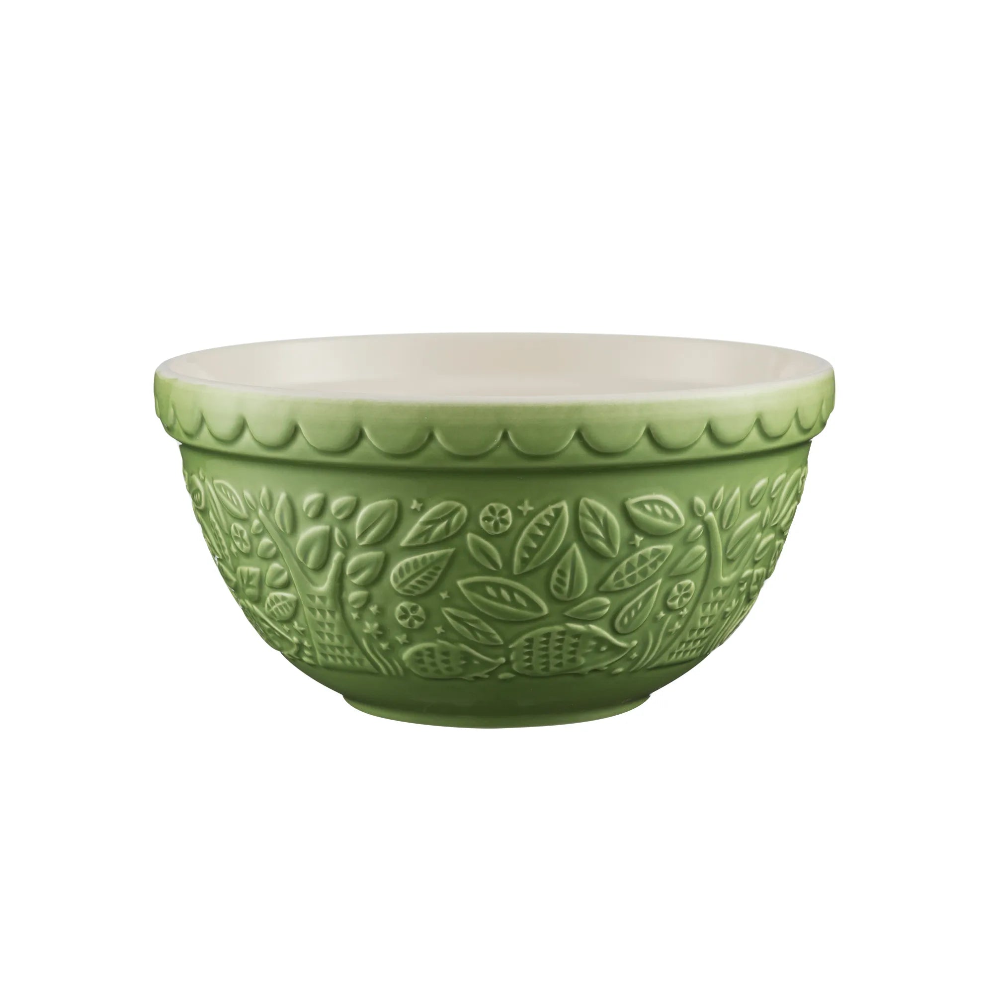 A green embossed mixing bowl with leaf patterns and a hedgehog design at the bottom.