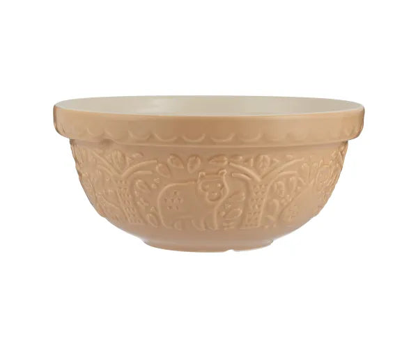 Beige ceramic mixing bowl with decorative patterns on a white background