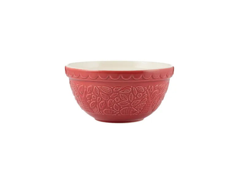 Red ceramic bowl with decorative patterns on a white background