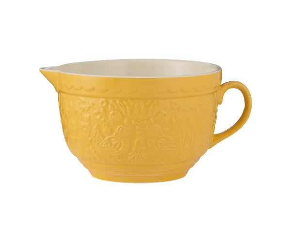 Yellow mixing bowl with decorative pattern on a white background