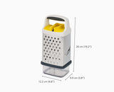 Rectangular box grater with measurements on a white background
