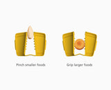 Two yellow blade grater protectors  with food items on a white background