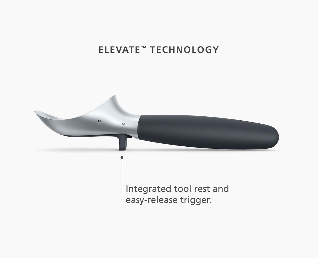 Ice Cream Scoop  with black handle and silver blade on a white background, featuring 'Elevate Technology' text.