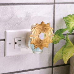 Decorative wall plug with gold sunburst design next to a plant on a tiled wall.