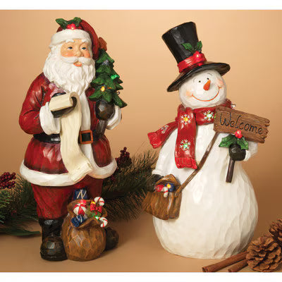 Decorative figurines of Santa Claus and a snowman on a beige background