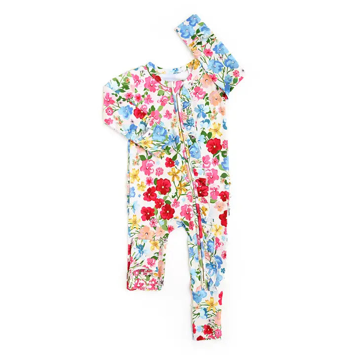 Floral-patterned baby onesie on a white background