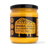 Jar of Drippy Original Cheese Dip with black lid on a white background