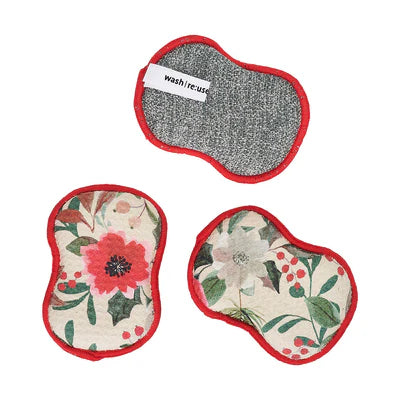 Three reusable pads with floral designs and a textured surface on a white background.