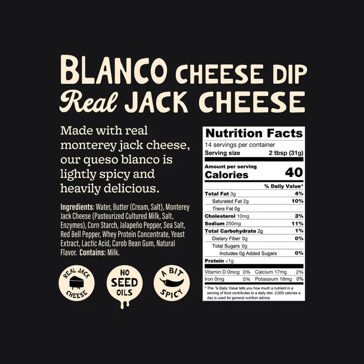 Label for Blanco Cheese Dip with nutritional information and ingredient list on a black background